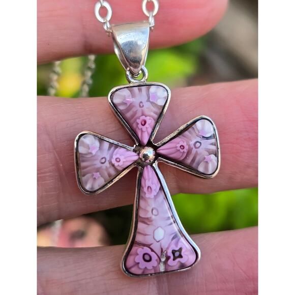 Vintage Alan K Millefiori of Venice Sterling Silver Pink Cross Pendant Necklace - Picture 3 of 10
